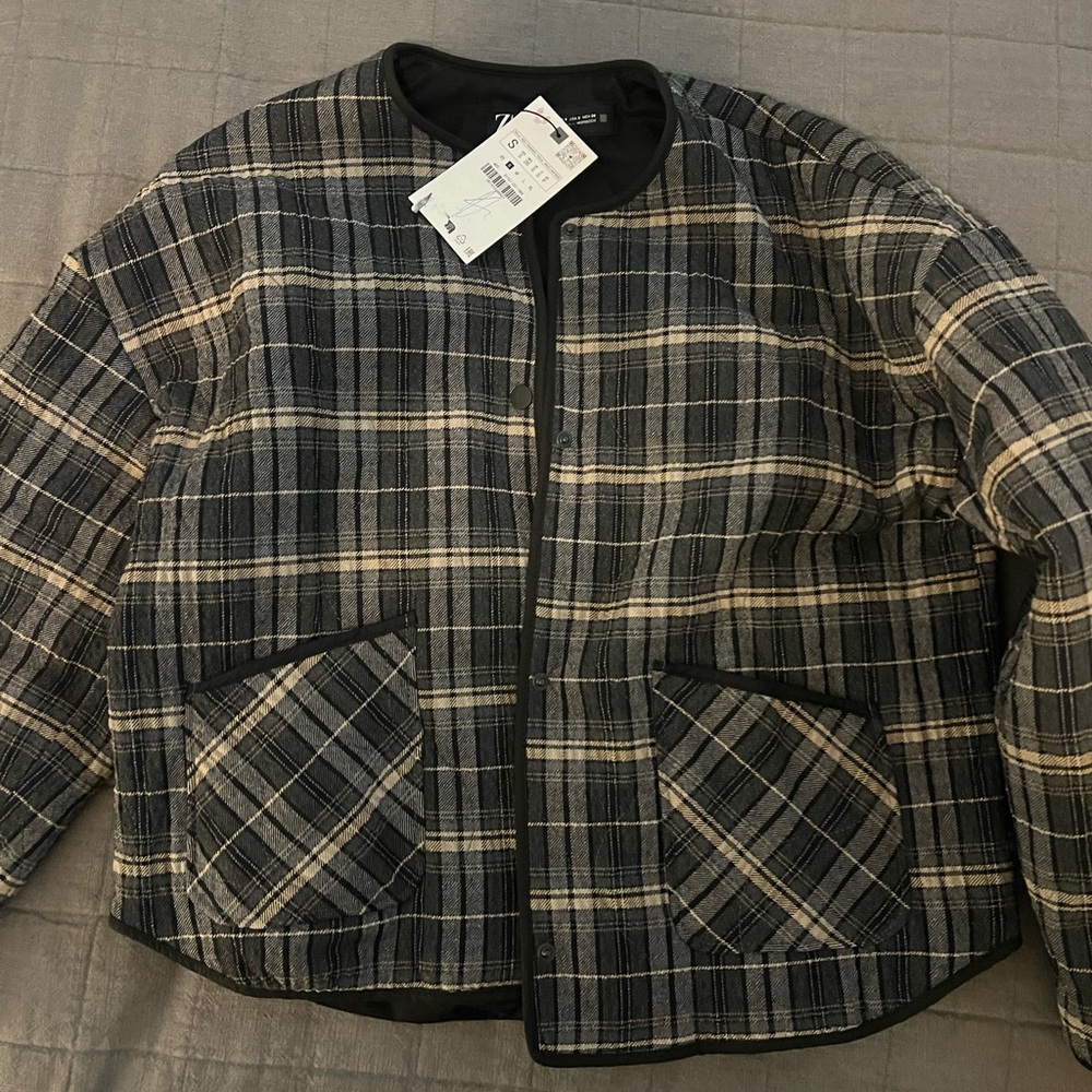 Zara Black and Cream Plaid Bomber Jacket